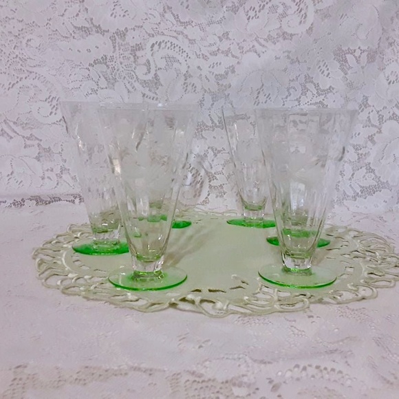 💲SALE💲Set/ 6 Vintage Weston Crystal Etched Water Glasses Vaseline Glass Stems - Picture 2 of 7
